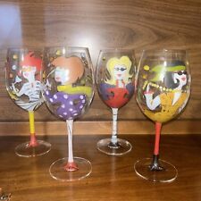 Rare Whimsical Woman Girlfriends Hand Painted 9” Wine Goblets picture