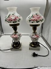 VTG Hand Painted Roses on Milk Glass and Marble Lamps (set of 2 ) READ picture