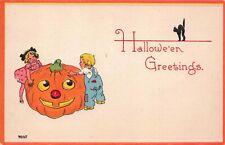 Vintage Halloween Cute Kids, JOL and Black Cat Bergman Unused Embossed Postcard picture