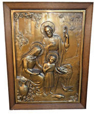 Vintage L 1970 copper wood holy family  jesus joseph mary religious plaque picture