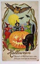 Antique Halloween Postcard Black Cat Witches Dance Bat Jack-o-lantern Embossed  picture