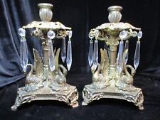 PAIR RARE VINTAGE BRASS SWANS LEAVES WITH 6 PRISMS CANDLE HOLDERS 10 1/4