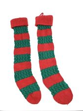 Two Vintage Red And Green Stripe Knit Christmas Stocking Set picture