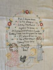 HUGE VTG 1930S PRAYER COVERLET - EMBROIDERY CHILDREN PRAYING W/WREATH OF FLOWERS picture