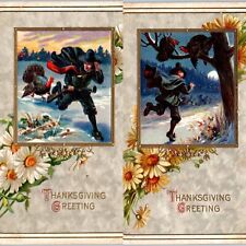 x2 SET c1910s Thanksgiving Greeting Scared Turkey Hunter Halloween Postcard A184 picture