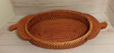 Handcrafted woven rattan wicker basket wood carved screwed on handles fruit tray picture