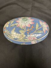 Vintage Porcelain Chinese Oval Trinket Dish Hand Painted in Macau Blue Pink picture