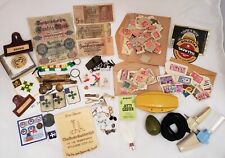 Antique & Vtg Junk Drawer Lot Military Men's Jewelry German Paper Money Stamps picture