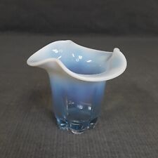 VTG Mid Century Art Glass Blue Opalescent Shallow Vase Ruffled Rim Flower Shaped picture