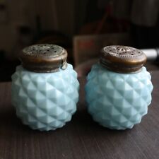 Antique Late 1800s Salt And Pepper Shakers Sawtooth Pattern Sky Blue picture