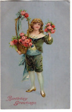ANTIQUE BIRTHDAY Postcard   YOUNG BOY IN GREEN, HOLDING BASKET OF ROSES picture