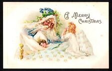 5404 Antique Vintage Christmas Postcard Blue Robe Santa Girls Asleep Praying Bed picture