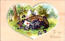 Tuck's Valentine's Postcard Two White Doves & Flower Basket Inside Heart   B-379 picture