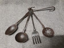 4 Pc. Vtg Cast Iron Hanging Utensil Set Fork Spoon Ladle Strainer  S Hook Taiwan picture