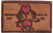 c1906 Comic Leather Postcard ~Sweet Hearts~ Romantic Couple with Heart Motif picture