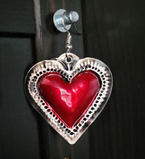 Tin Sacred Heart Red and Antique look Earrings Oaxaca Mexican, 1 pair picture