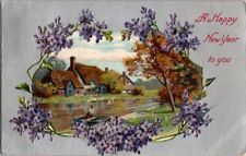 Postcard A Happy New Year To You Farm Man In Boat Lilacs River Scene picture