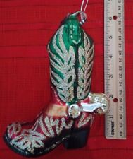 Christmas Cowboy Boot Ornament Glass Glitter Green Red READ picture