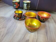 Lot Of Vintage Russian Khokhloma Lacquerware Hand Painted Cups & Bowls picture