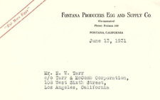 1931 FONTANA PRODUCERS EGG AND SUPPLY CO FONTANA CA SYMPATHY LETTERHEAD Z1406 picture