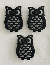 Black Cast Iron Owl Trivet Set Of 3 Footed Hot Plates Retro Kitchen Decor 4” picture