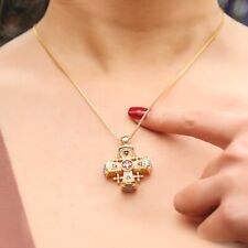 Yellow Gold Plated 14k Jerusalem Cross Pendant Red Enamel Crystallized Stones picture