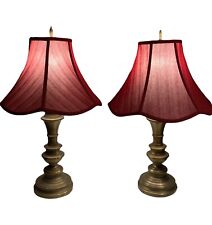 Pair of Vintage Brass Table Lamps with  Brass Finials and Red Scalloped Shades  picture