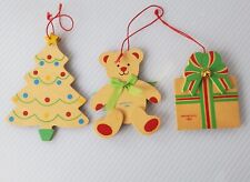 Vintage Natural Wood Christmas Tree Ornament Set Of 3 1986 Bear Present Gift 80s picture