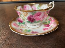 ROYAL ALBERT Footed Cup & Saucer Pink/Red Roses Heavy Gold Trim Bone China picture