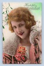 1928 Hand Painted Beautiful Woman in Peach Coat Red Lips RPPC Netherlands Stamp picture