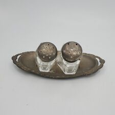 Vintage Glass Angled Silvertone  Tops Salt And Pepper Shakers Set With Tray picture