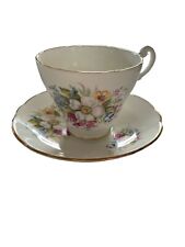 Vintage Royal Ascot Bone China Teacup & Saucer floral pattern white gold gilt picture