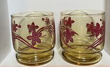 Vintage Set Yellow Amber Pink Flower Short Glass Drinking Cups Retro 60s 3.25” picture