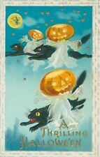A Thrilling Halloween Postcard~L 34A~Antique~JOL Ghost On Black Cats~Moon~c1914 picture