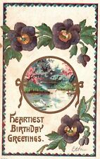 Vintage Postcard Hearty Birthday Greetings Pansies Landscape Bordered Card picture
