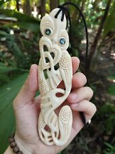 Maori Tiki Large Pendant Hand Carved Bone Abalone Eyes New Zealand picture