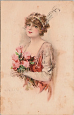 A/S Pretty Flapper Girl Roses Hair Bobbed Feather  P.UN. N-196 picture