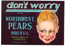 Original scarce 1940s DON'T WORRY pear crate label George Joseph Co Yakima Wash picture
