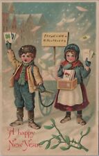 c1910s Happy New Year children vendors seeds cards snow cart embossed E606 picture