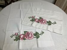 Vintage Pair Handmade Cross-Stitched Embroidery Pillowcases Pink Roses 31x20 picture