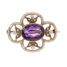 Yellow Gold Amethyst & Pearl Edwardian Flower Brooch 14k Oval 4.00ct Vintage Pin picture