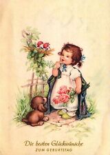 Vintage German Birthday Card Girl Birds Puppy Postcard Unposted picture