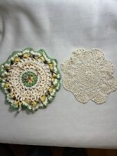 Lot Of 2 Vintage Doilies 1- 7” Green Brown Yellow White And 1- 6” Silky Ecru picture