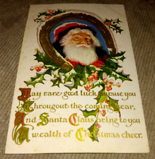VINTAGE 1909 SANTA CLAUS HORSESHOE GOOD LUCK CHRISTMAS POSTCARD EMBOSSED GOLD picture