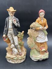 Deville Vintage Farmer Couple 12” Tall Woman w/Wheat Man Smoking Pipe Dog picture
