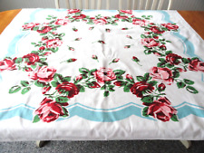 Vintage Tablecloth Red Pink Roses Blue Border 46 x 51 Topper Layering picture