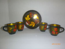 Russian USSR | Khokhloma Painted Wood | 4 Handle Cups & Plate | Rare Vintage picture