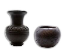 Pair of Vintage Lama Oaxaca Native Mexican Black Clay Vessels w/ Carved Designs picture