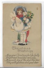 VTG Christmas Post Card-1924 Little Girl Holding Gifts & Holly-Xmas Greetings picture