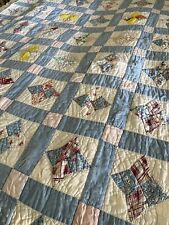 Vintage Patchwork Quilt Blue Pink Multicolor Hand Pieced/Quilted Cotton 48x78 picture